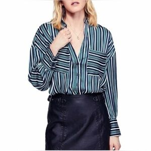 Free People White, Navy, and Blue Striped Long Sleeve Blouse